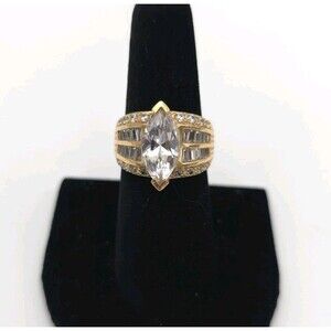 925 Gold CZ‎ Marquis & Baguette Ring Size 7 Sterling Silver Vermeil Vtg